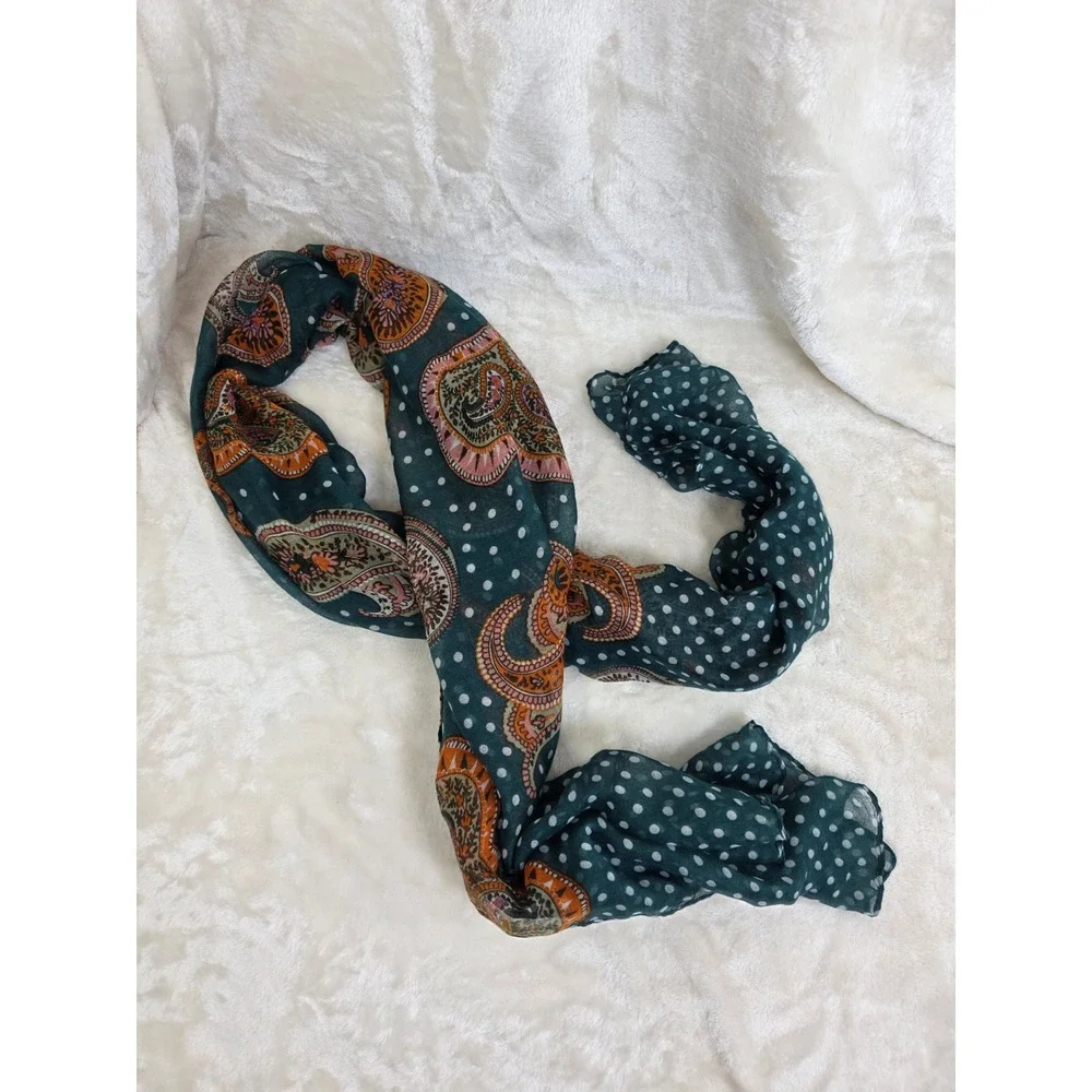 Mixed Print Paisley Polka Dot‎ Scarf Teal Orange Lightweight Sheer Rectangle